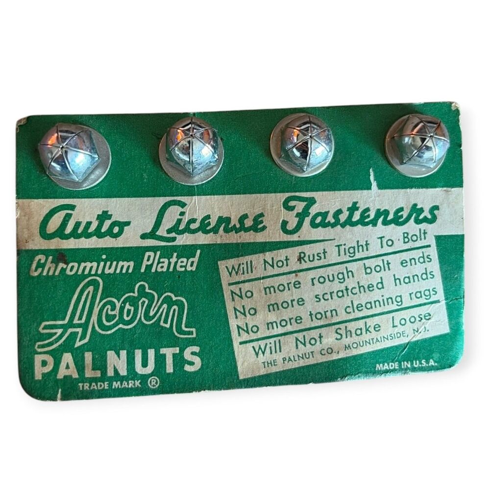 Vintage Acorn Palnuts Chrome Auto License Fasteners New Boston Insurance Ad Old